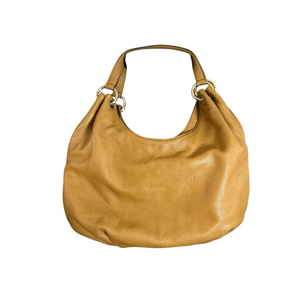Michael Kors Tan Pebbled Leather Shoulder Hobo Bag Large Purse Tassel
